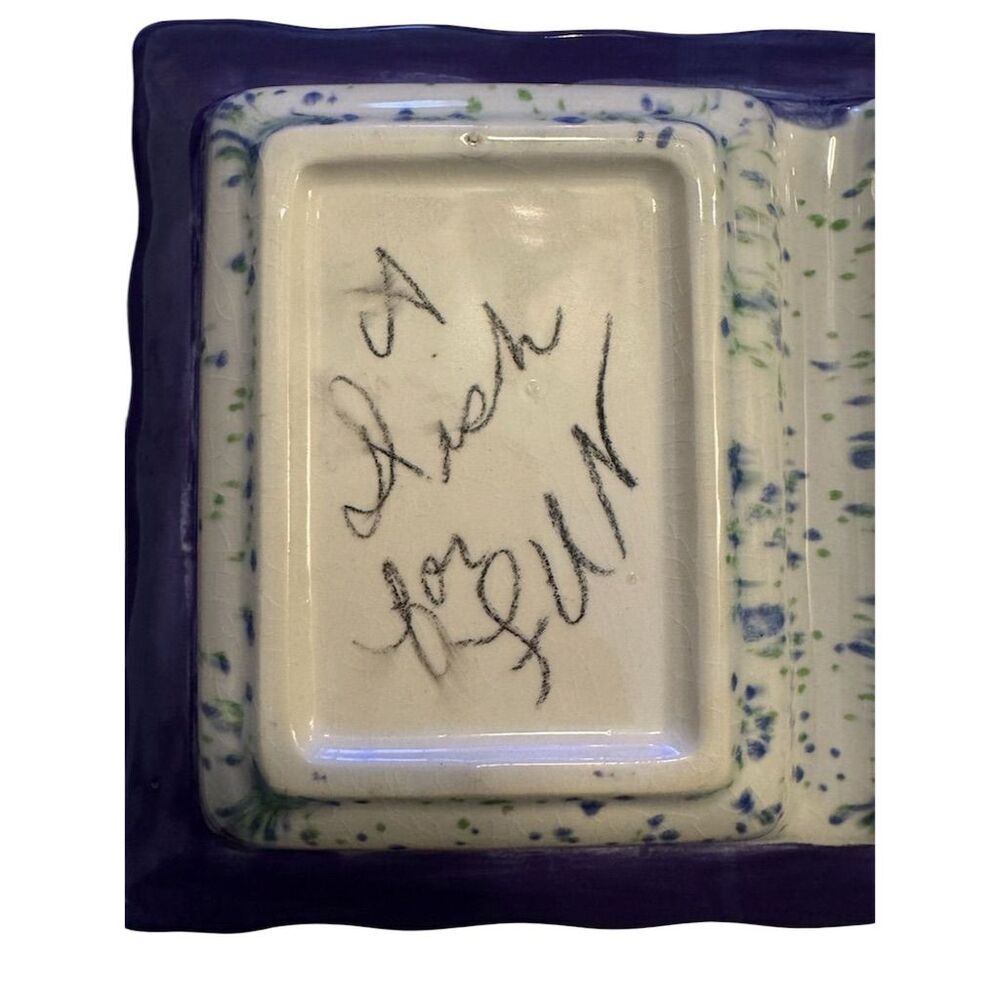 Handmade Artisan Speckled Blue Ceramic Dual-Section Serving Tray - Picture 3 of 6